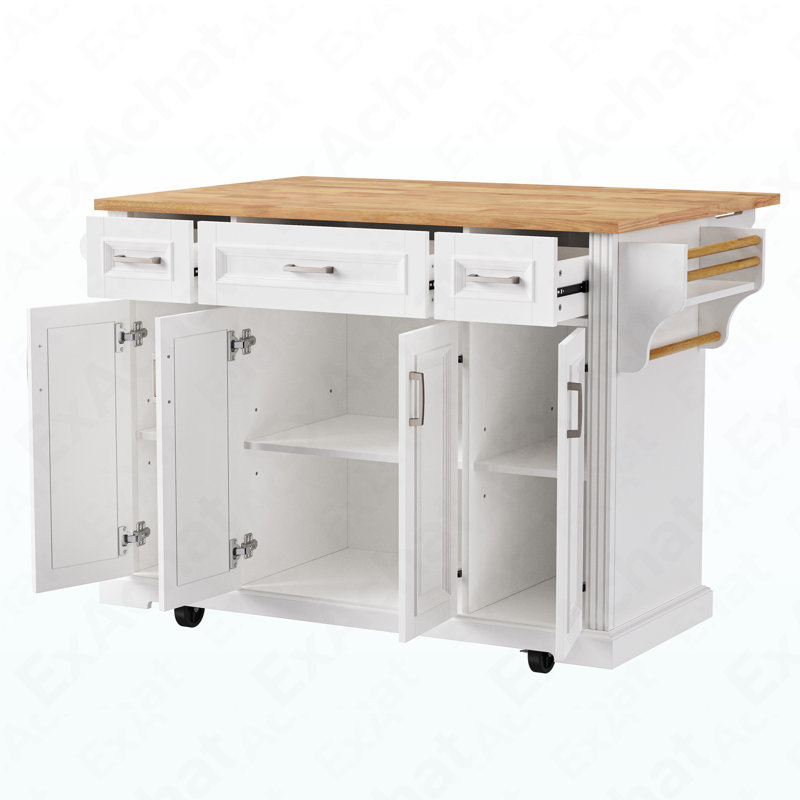 54Inch Large Kitchen Island With Rubber Wood Drop Leaf, Embossed Texture Rolling Kitchen Cart On 4 Wheels With 4 Doors And 3 Drawers, Kitchen Island With Storage For Kitchen, Dining Room