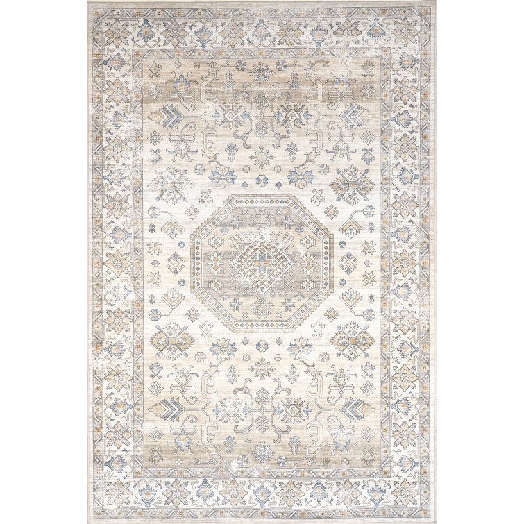 Darby Medallion Spill Proof Machine Washable Area Rug for Living Room Bedroom Dining Room, Beige/Ivory