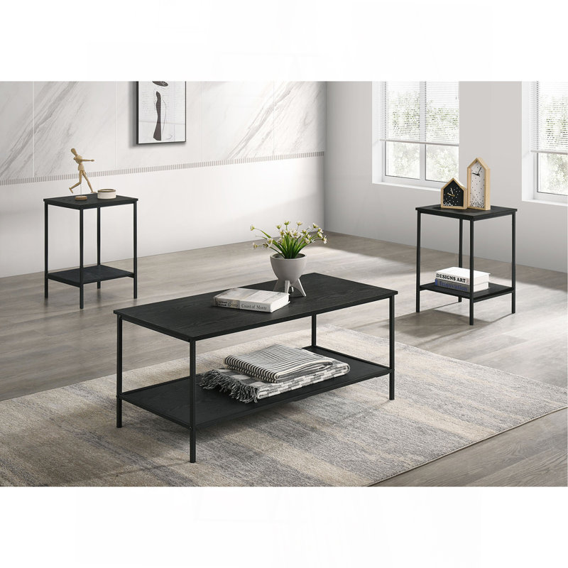 Ensemble de table rustique 3 pièces Table basse 1X Table de bout 2X Table de bout style minimaliste à deux niveaux avec finition noire