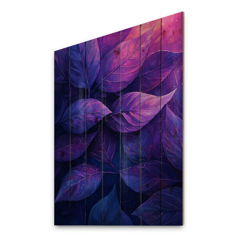 Plum Leaves Evening Collage II - Décoration murale en bois de feuilles - sur bois de pin naturel