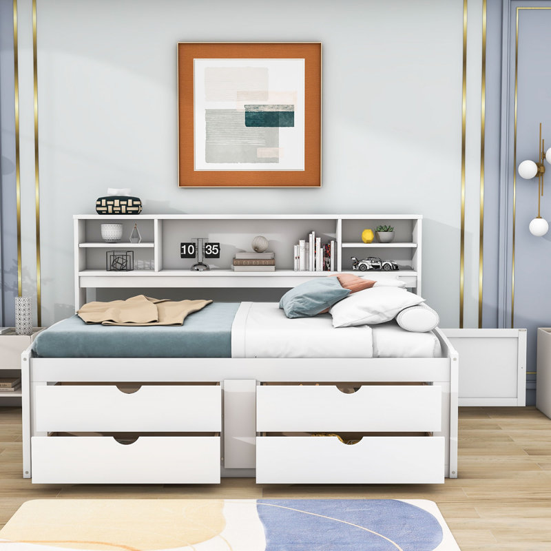 Pirley Wood Full Daybed with 2 Bedside Cabinets, Upper Shelves and 4 Drawers, White