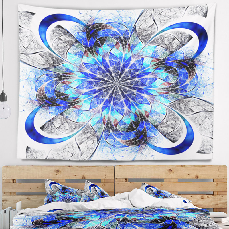 Tapisserie fleur abstraite à fleur de bleu symétrique, H 50 po x l 60 po