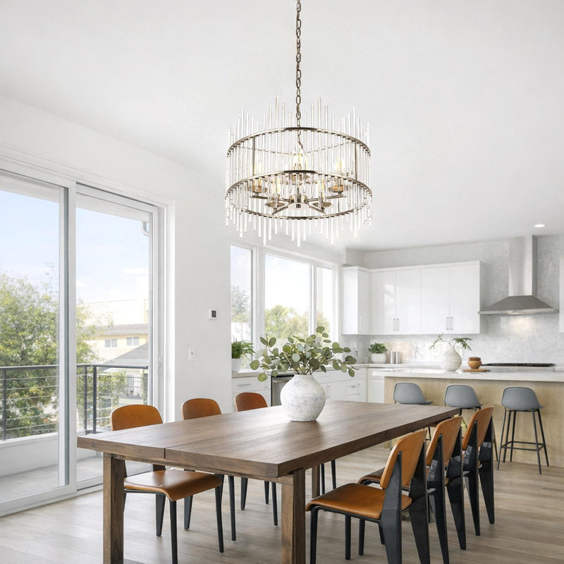 Lustre tambour en verre 5 lumières Eletto, Nickel