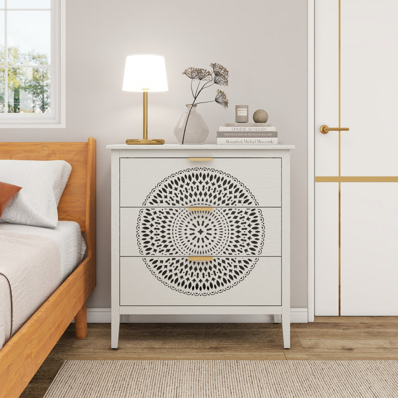 Commode 3 tiroirs avec commode à 3 tiroirs creux et poignées en métal pour le salon de la chambre à coucher, Beige