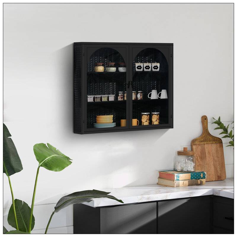 Armoire murale avec portes en verre 27,56 po avec rangement à trois niveaux, Noir, noir, noir, noir, Noir, noir, noir, noir