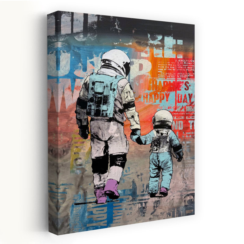 Astronauts Holding Hands Colorful Modern Abstract Urban Wall Art Print by Mykola Kuryliuk - Wrapped Canvas Print