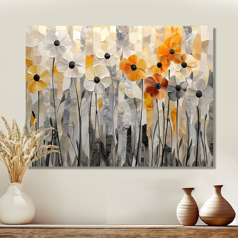 Géométrique gris coquelicots mosaïque champ I - coquelicots, art mural pour le salon, H 30 po x l 40 po, Toile tendue