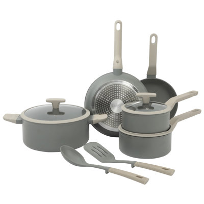 Oster Ambrose 10 Piece Forged Aluminum Premium PFA Free Ceramic Nonstick Pots and Pans Cookware Set W/ Induction &Stay Cool Handles - Grey/Taupe