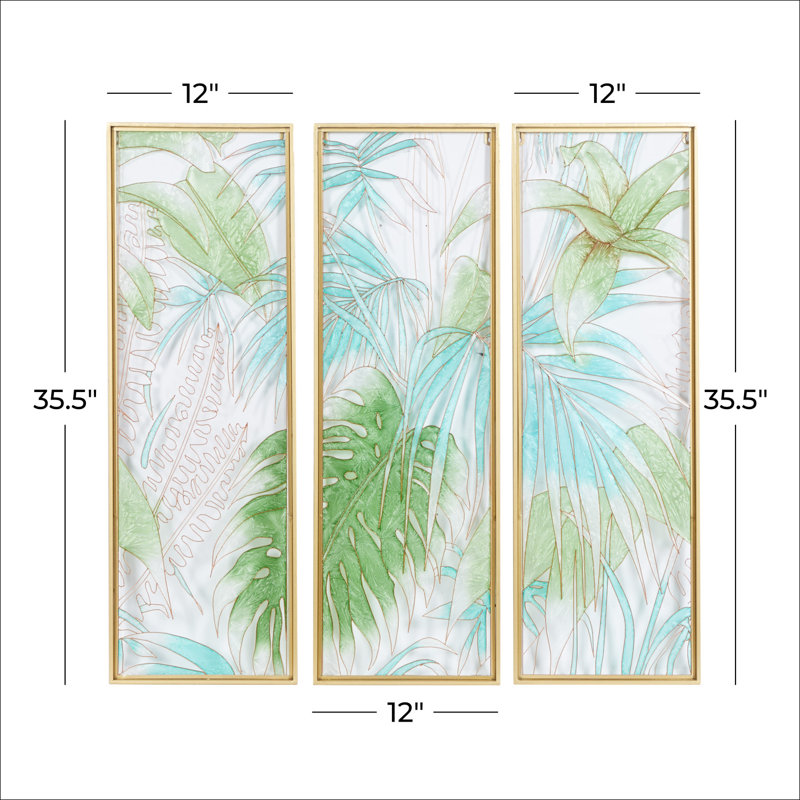 Green and Gold Tropical Leaf Tiffany Glass Framed Wall Decor Set