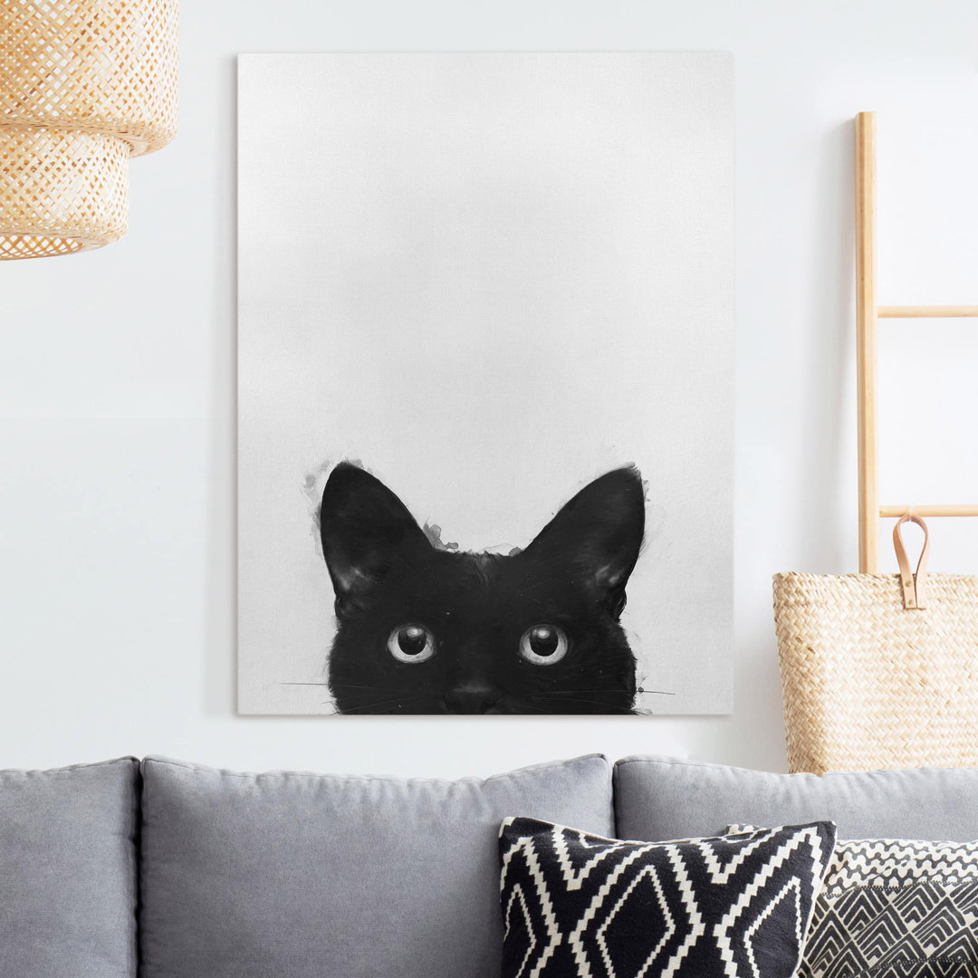 Leinwandbild Illustration der schwarzen Katze auf weißem Gemälde von Laura Graves