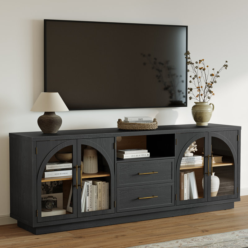 Meuble télé 70 po avec portes en verre arqué; meuble télé avec tiroirs et armoires; console média et centre de divertissement