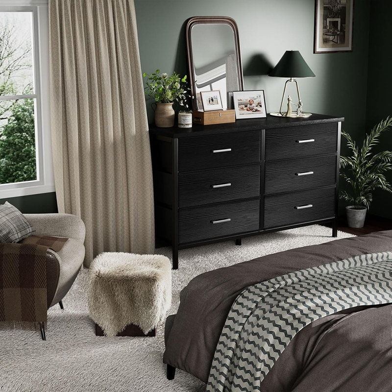Large commode noire à 6 tiroirs pour la chambre à coucher, meuble télé pour commode 60 po et commode pour commode moderne