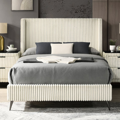 Cream Queen Bed - Luxurious Wide Wale Corduroy Upholstery, Stylish Wing Back Headboard, Modern Bedroom Style, 4 Wooden Slats In Elegant Design, For Support