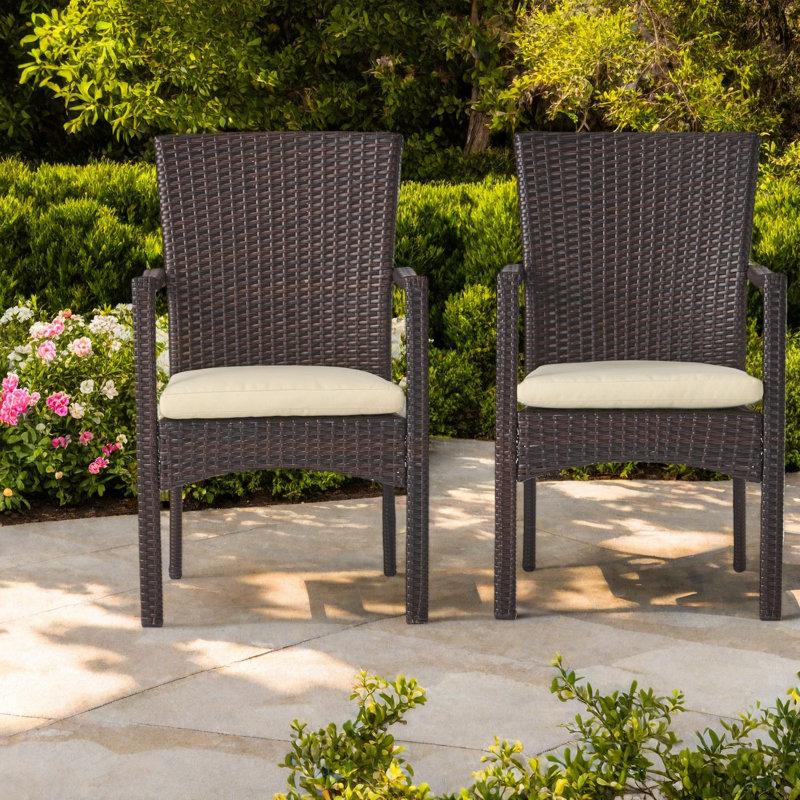 Chaises de patio rembourrées et coussinées, salle à manger d'extérieur contemporaine en osier brun