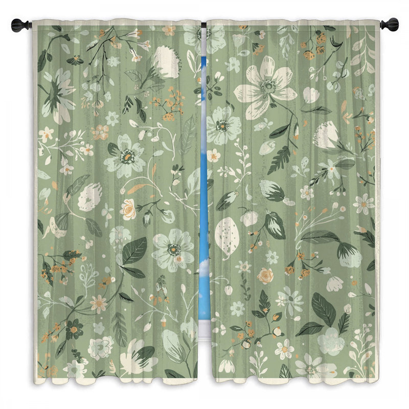Rideaux de fenêtre verts à motif floral et voilage obscurcissant - 2 panneaux, 20 po x 50 po - 2 panneaux, Transparent