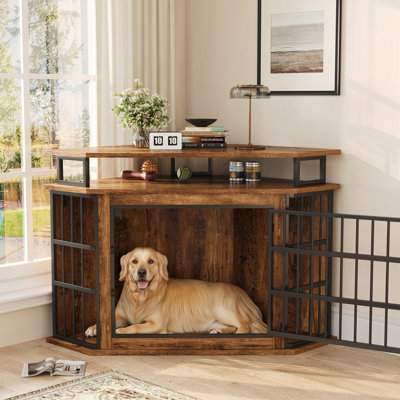 Furniture Meuble pour chien très large de 51 po de largeur pour coins avec tablettes de rangement à 2 niveaux, panneaux imperméables et structure en acier robuste