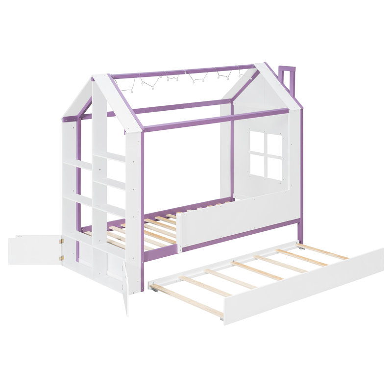 Lits jumeaux avec lit gigogne de rangement, bois de pin en MDF, chambre moderne blanche et violette, White 1