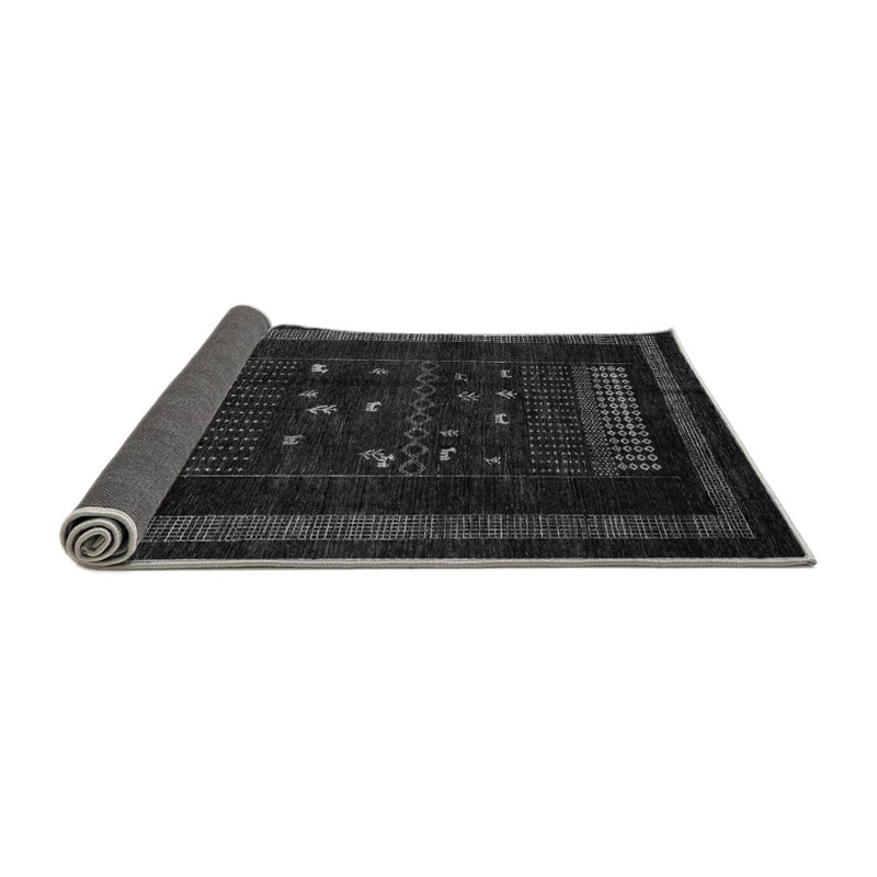 Tapis oriental en laine / polyester tissé à la machine Chamika en gris / noir, Rond 8 pi
