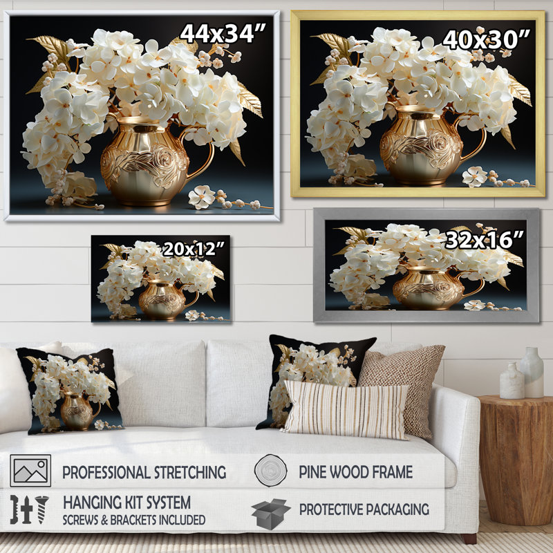 «Baroque Hydrangea» blanc et or V - Hydrangea, reproduction d'art sur toile encadrée, H 34 po x l 44 po x P 1,5 po