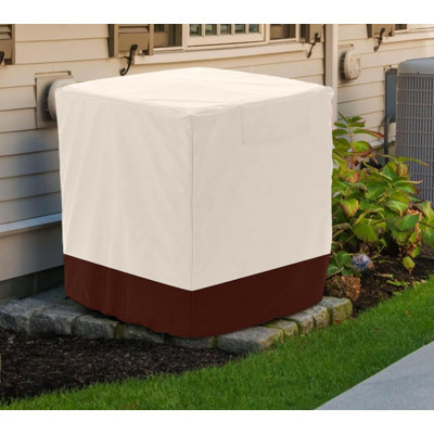 Housse de protection extérieure pour climatiseur, imperméable et résistante aux UV, avec aérations avant et arrière, poignées supérieures, fermeture par bande autoagrippante, boucle en sangle, cordons de serrage à œillets et sac de rangement.