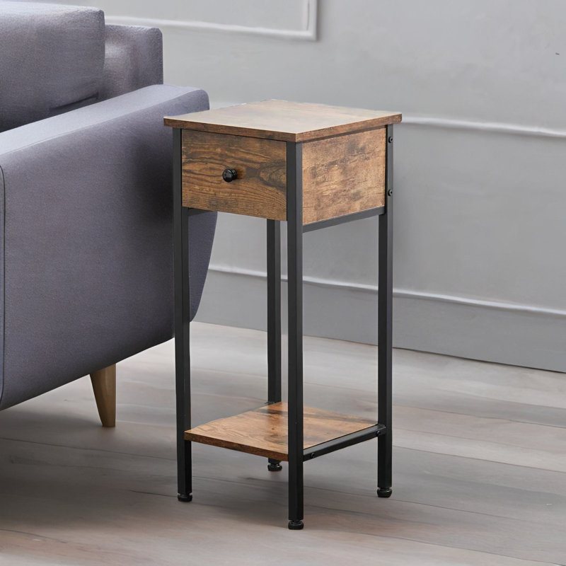 Tall 2 Tier Side Table End Tables with Metal Frame and Storage Drawer Living Room Home Furniture