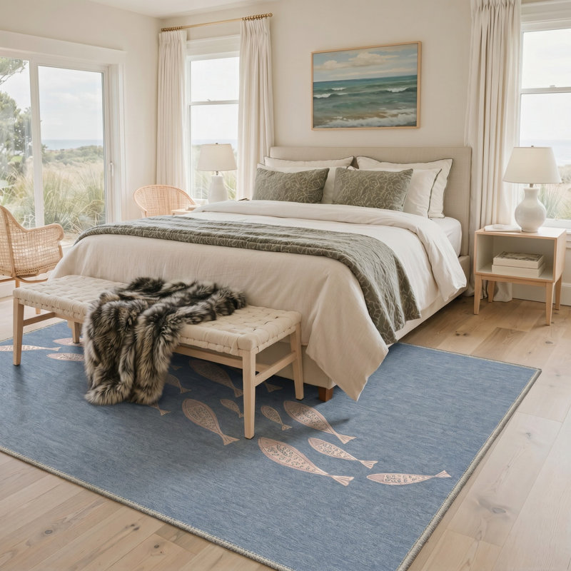 Tapis floral bleu / rose lavable à la machine avec envers antidérapant, Rectangle 6 pi x 9 pi