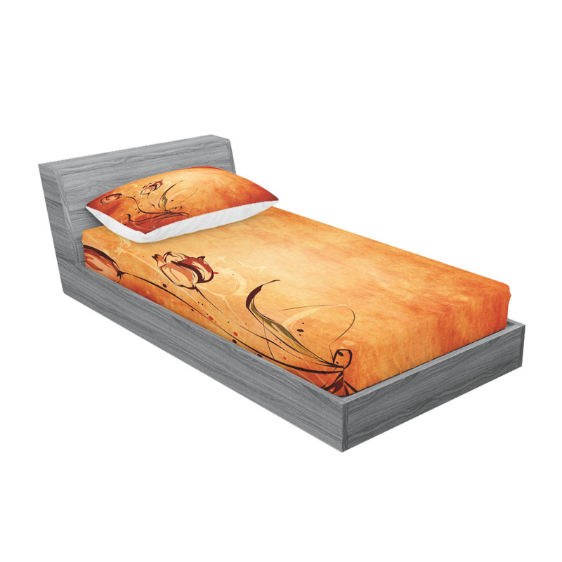 Ambesonne Orange Fitted Sheet & Pillow Sham , Orange Mustard Maroon, Twin Sheet Set + 2 Pillowcases