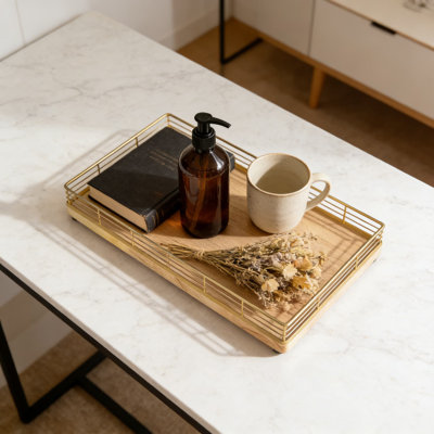 Grand organisateur de plateau de meuble-lavabo, plateau rectangulaire en bois de 13 po x 8 po pour le rangement du comptoir, plateau décoratif pour le parfum, les soins de la peau, les bijoux et le décor de la salle de bain