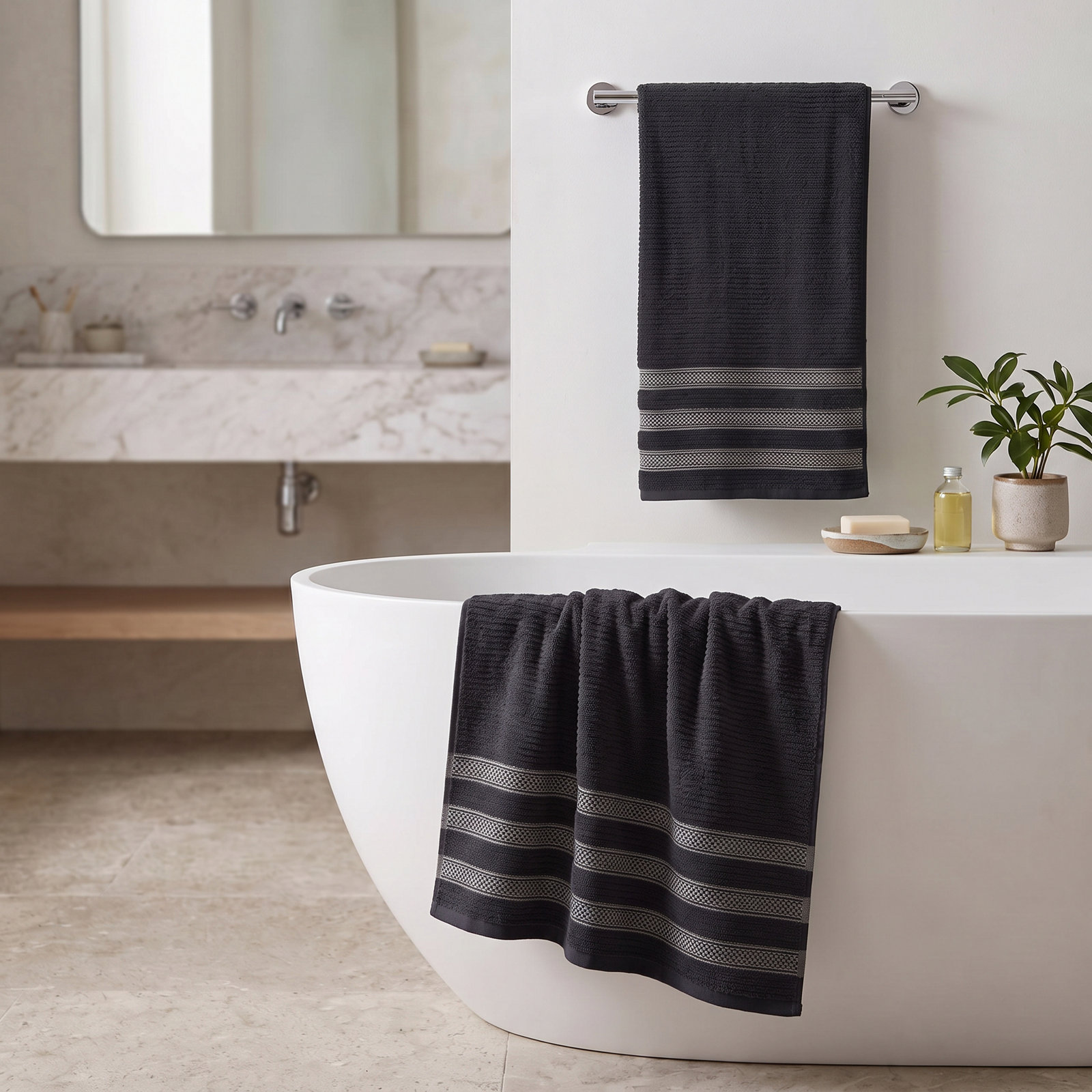 3-Piece Geometric Zero-Twist Cotton Towel Set, Black