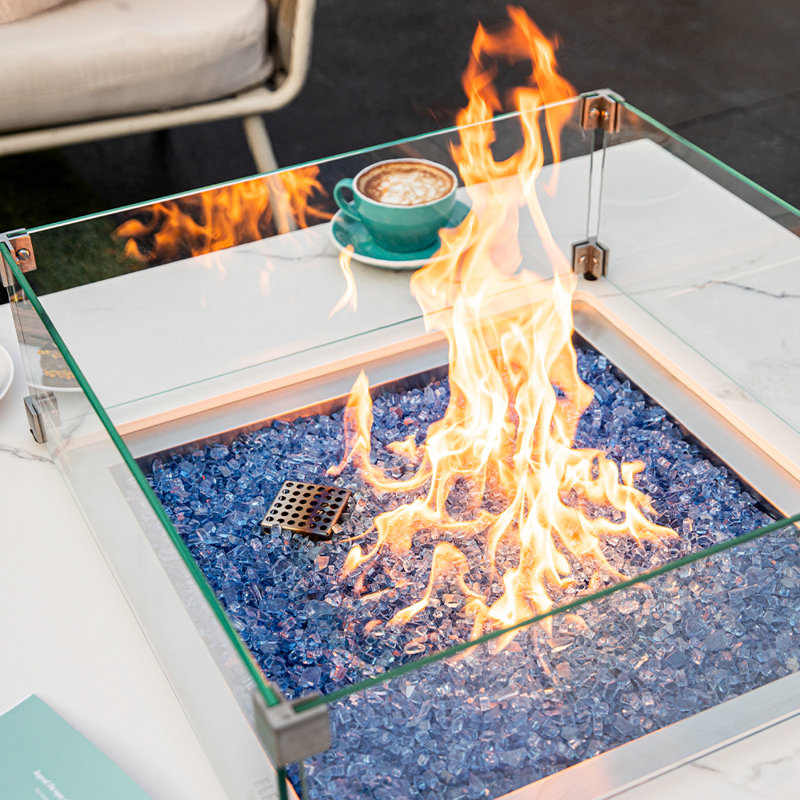 Bianco / Sofia 40" Outdoor Marble Porcelain Fire Table 60,000 BTU - Includes Fire Glass, Lid & PVC Cover, Natural Gas
