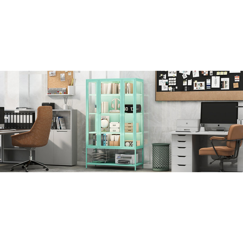 Vitrine en fer 67,25 po avec porte vitrée et vitrine en acier, Cyan
