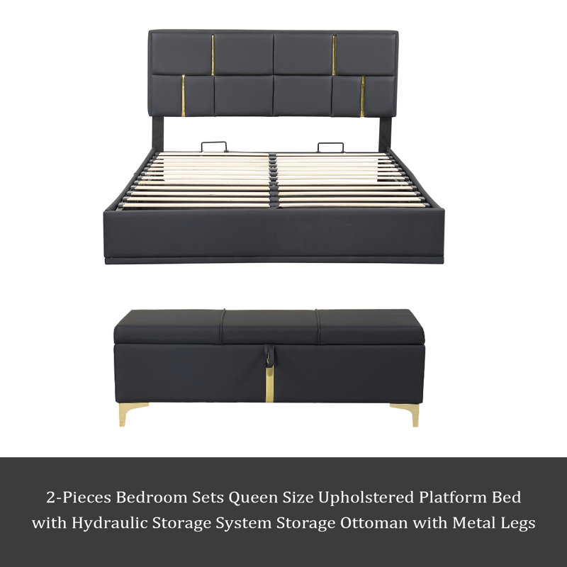 Ensemble de chambre à coucher 2 pièces, lit plateforme tapissier grand avec système de rangement hydraulique, repose-pieds de rangement avec pieds en métal, noir