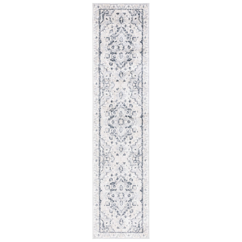 Tapis oriental en jute / polypropylène tissé à la machine en bleu / gris Lowrey, Tapis de couloir 2 pi 2 po x 9 pi