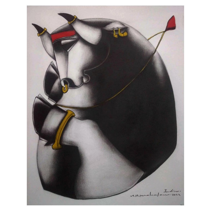 Un taureau calme - belle peinture | Gris anthracite sur papier | Par Arvind Mahajan