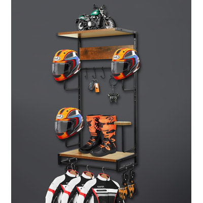 Motorcycle Helmet Rack Wall Mount,Retro Rust Helmet Holder Wall Mount,Helmet Display Hanger With Wood Floating Shelf For Motorcycle Accesories Storage,Helmet Stand With Clips And Hooks