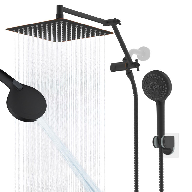 10” High Pressure Rainfall Shower Head With Handheld Spray Combo, 16" Shower Extension Arm, 71" Hose, 3-Way Diverter
