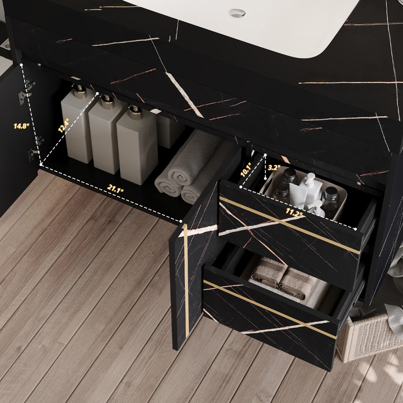  Meuble-lavabo flottant 35,2 po avec lavabo simple, plateau en marbre doré noir, armoire murale, noir et blanc