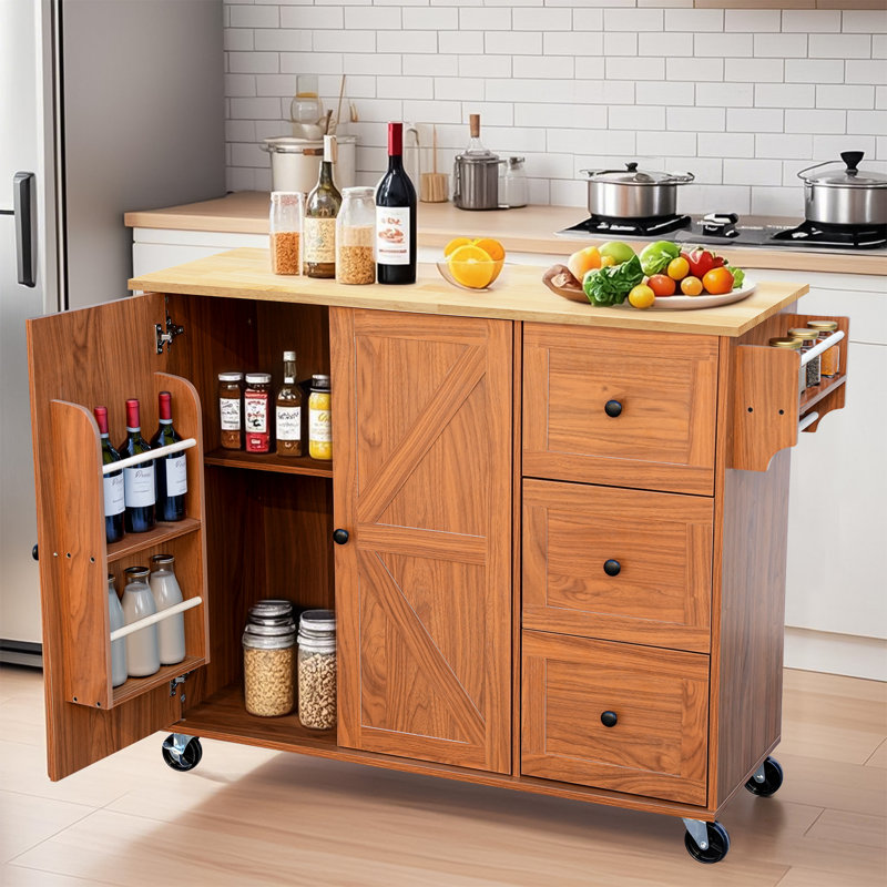 51.2'' Kitchen Island Cart With 2 Adjustable Shelves, 3 Drawers, Spice Rack, Mobile Kitchen Storage Cabinet With Lockable Wheels