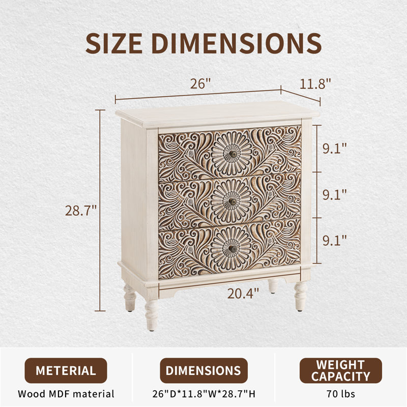  26”W Carved Wooden Nightstand with Three Drawers, Individual