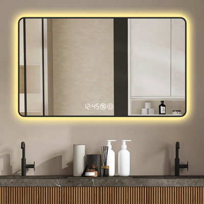 Miroir mural 40,32 po x 29,45 po, coins arrondis, affichage de la température, éclairage tricolore et désembuage pour salle de bain