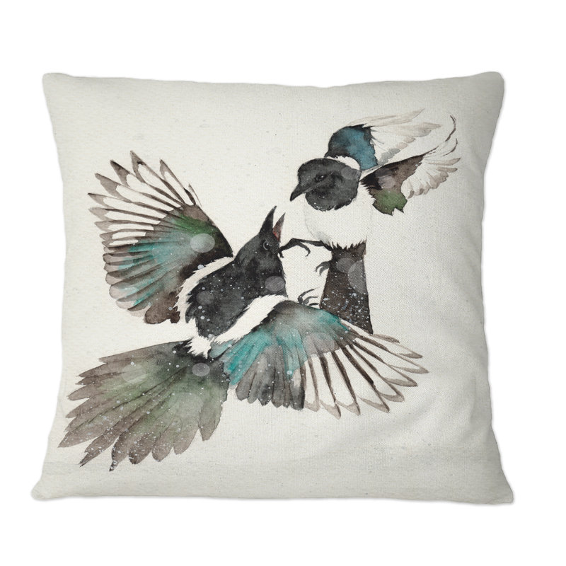 Coussin décoratif avec deux pies dansant - noir et turquoise, 16 po x 16 po