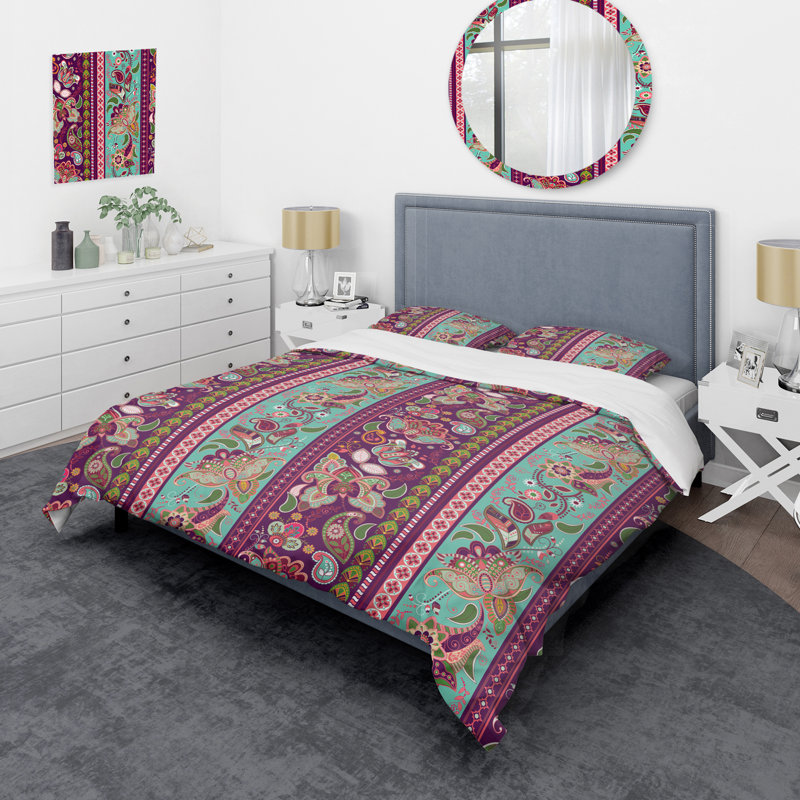 Fleur mauve et verte rayée - ensemble de housse de couette abstrait - microfibre de polyester