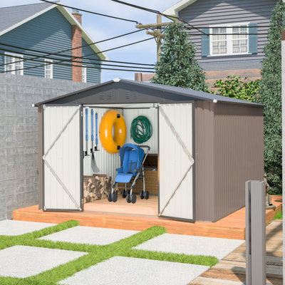 Remise de rangement en métal 10 pi x 10 pi pour notre porte, remise de jardin en acier avec portes verrouillables, rangement utilitaire et outils pour le jardin, la cour, le patio et l'extérieur