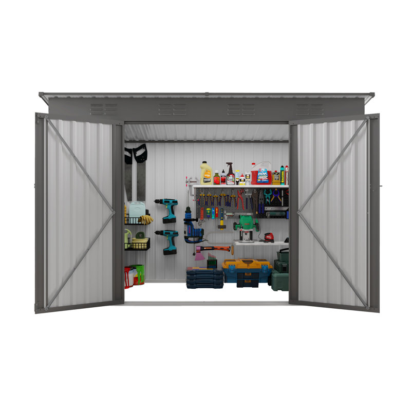 4 x 9 FT Outdoor Storage Shed, Metal Garden Shed Tool House with Sloping Roof, 6 vents and 2 Swing Doors for Backyard, Garden, Patio