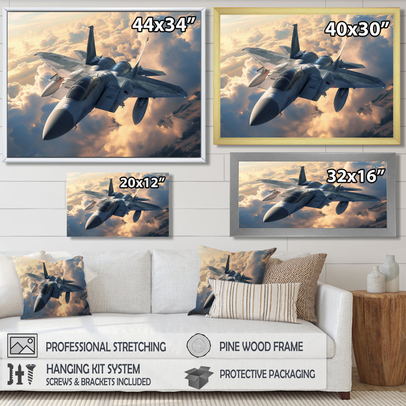 Avion de chasse en action au-dessus des nuages - salon d'art mural, Cadre flottant noir, H 12 po x l 20 po x P 1 po
