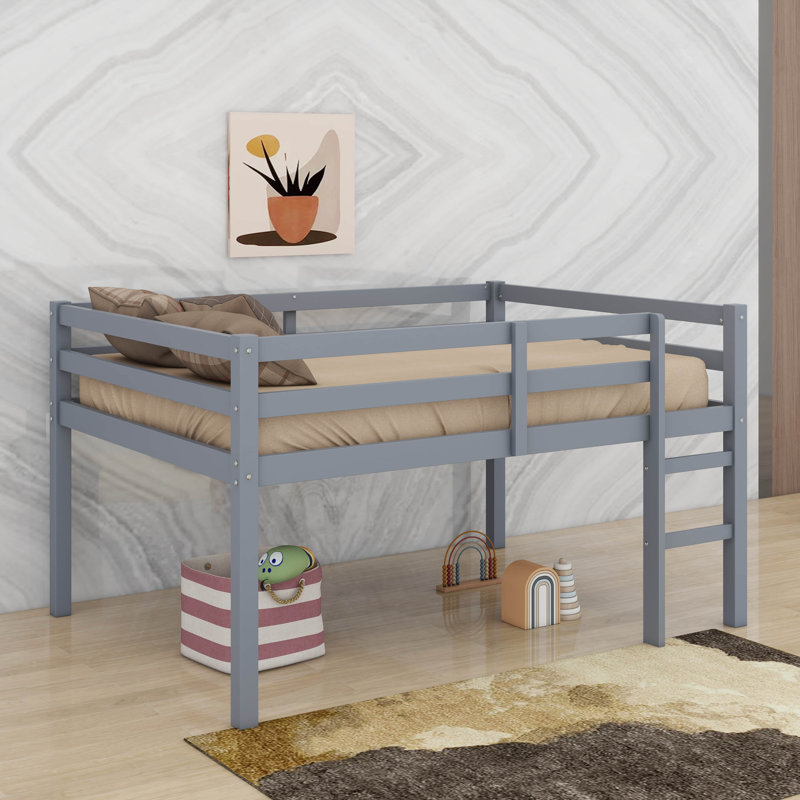 Full Rubber Wood Loft Bed With Ladder, Gray