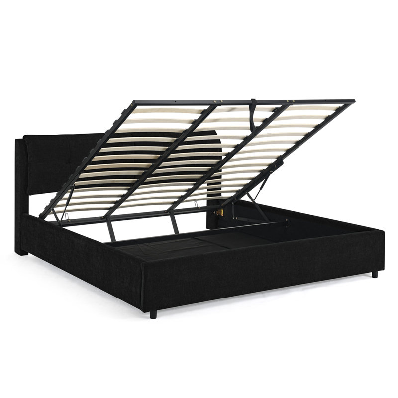 Très grand lit plateforme tapissier hydraulique avec tête de lit intégrée et tissu en chenille pour un confort maximal et une utilisation optimale de l'espace