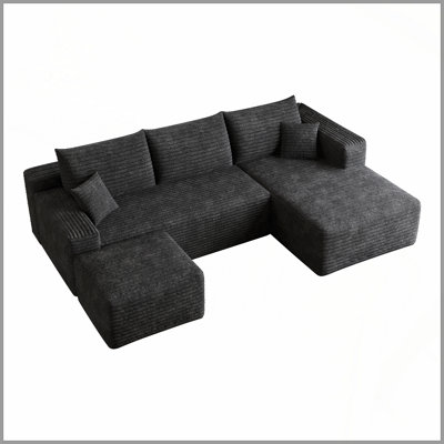 95" Cloud Sectional Sofa with 1 Ottoman,Modern Minimalist Upholstered Couches, Comfort U Shaped Sofa for Living Room,Deep Seat Corner Couch,No Assembly Required,Black (Plush Corduroy Fabric)