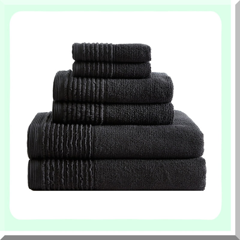 LuxAbsorb Cotton Bath Towels Set - 6 Piece, Medium Weight, Sculpted Pleat, Black, Highly Absorbent Luxury Bathroom Decor