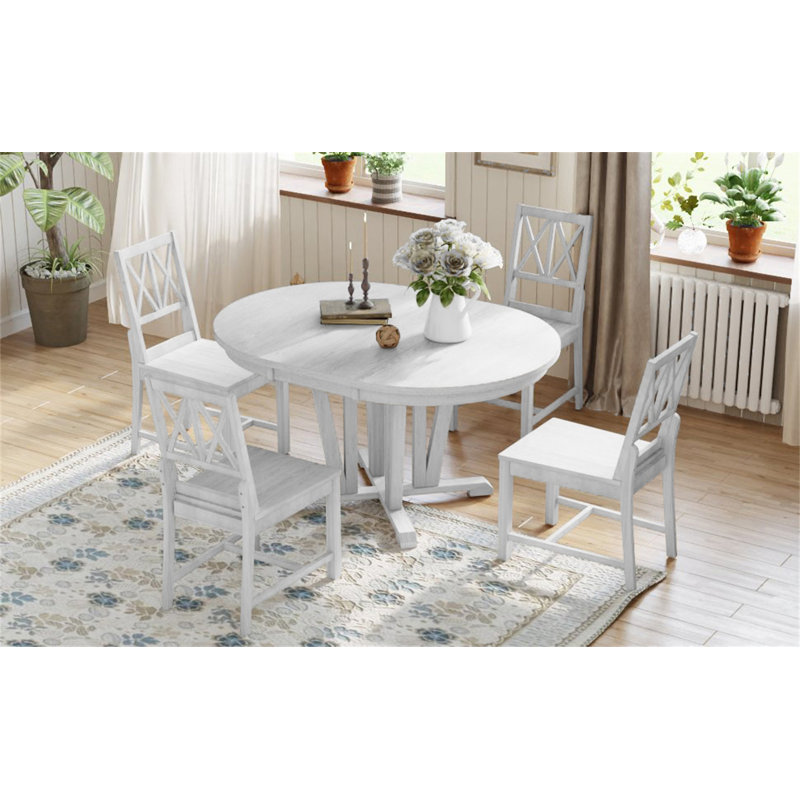 Rustic 5-Piece Extendable Dining Table Set Round Trestle Table And 4 Cross Back Dining Chairs For Kitchen, White, Gray, Beige